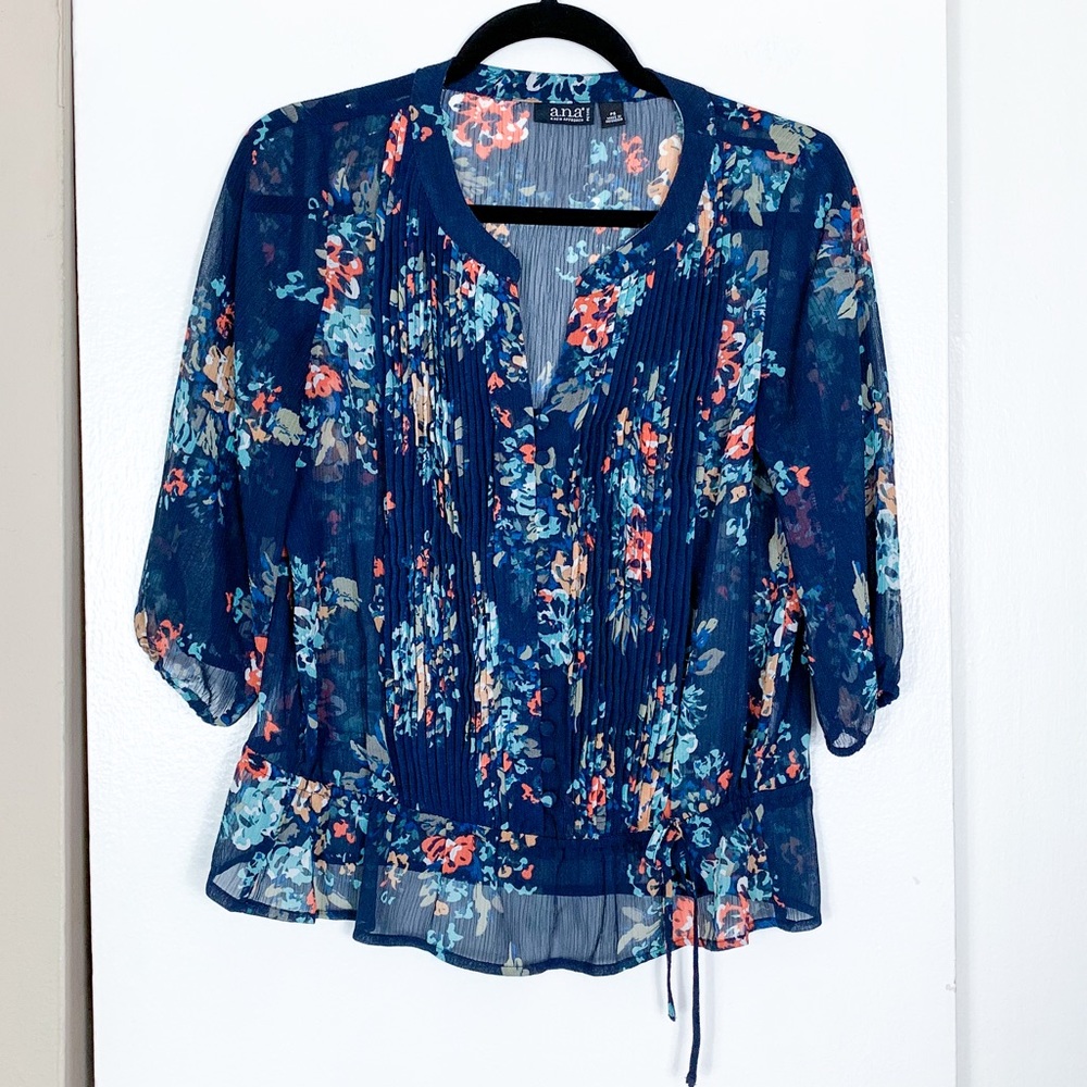 A.N.A. Navy Short Sleeve Floral Blouse